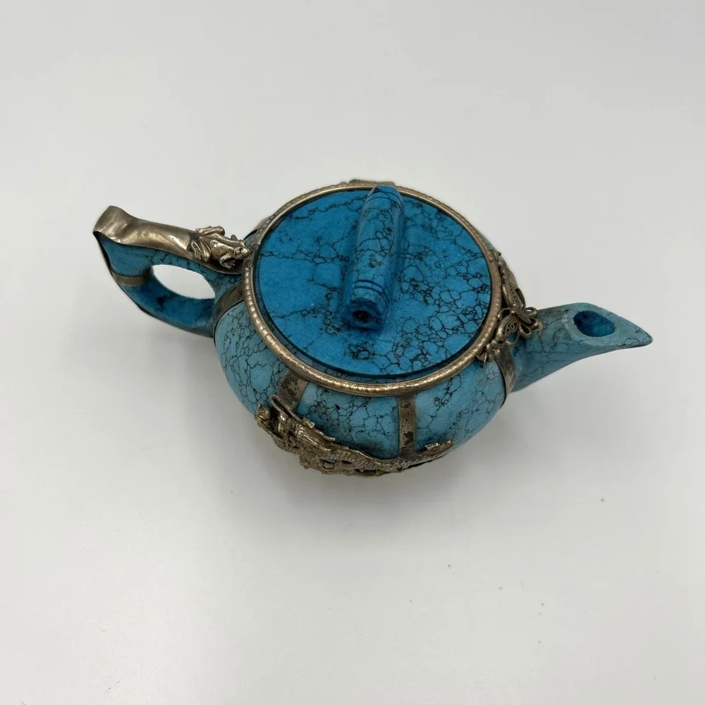 Oriental Turquoise Miniature Teapot with Silver Accents Dragon Phoenix
